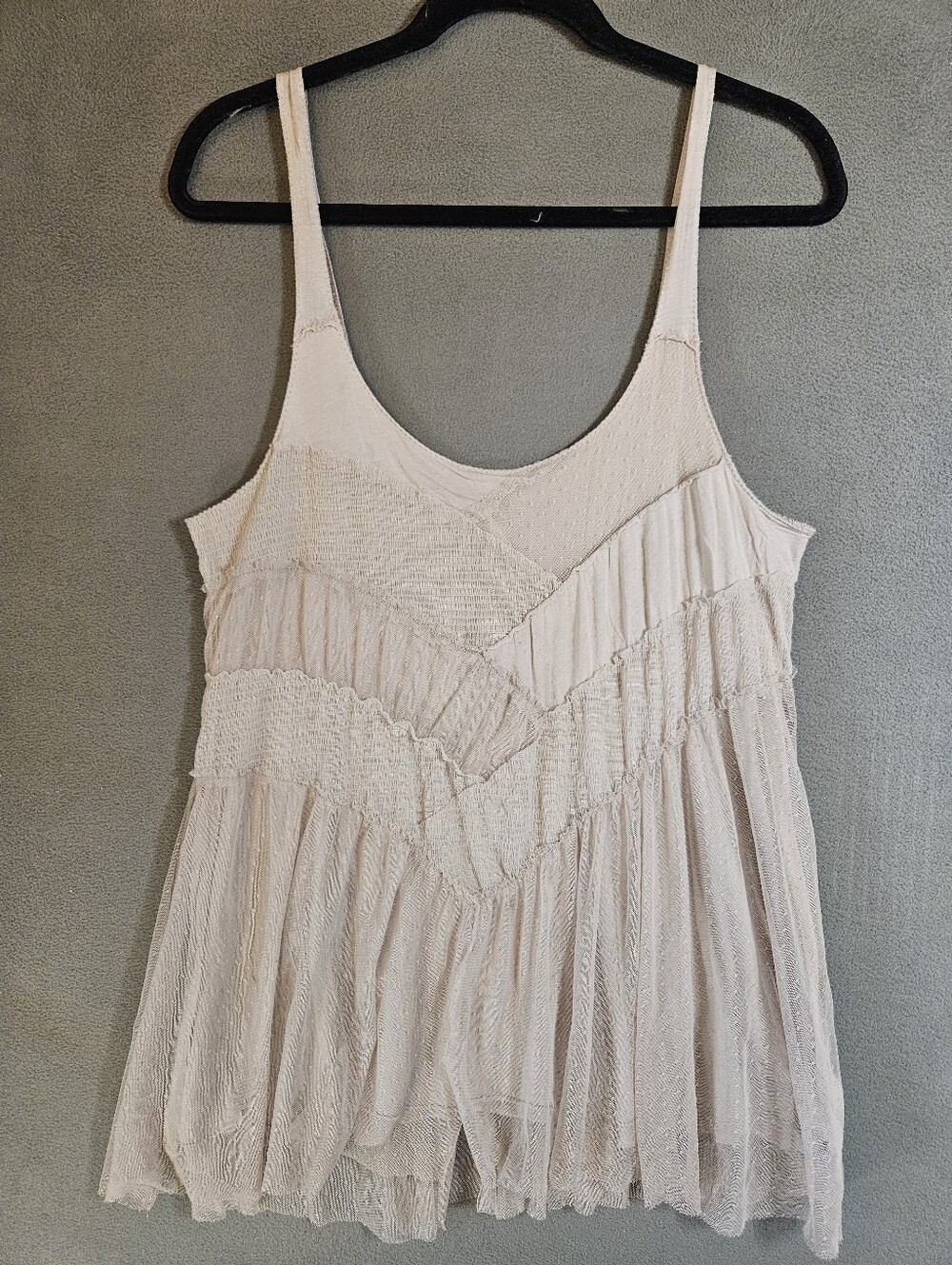 Free People Womens Large Croquet Tank Top Tunic Shirt Gray Patchwork Mesh Boho